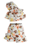 White Fashion Sexy Print Hollowed Out Patchwork Backless Oblique Collar Sleeveless Two Pieces