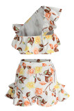 White Fashion Sexy Print Hollowed Out Patchwork Backless Oblique Collar Sleeveless Two Pieces