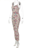 Colour Sexy Print Patchwork Spaghetti Strap Pencil Skirt Dresses