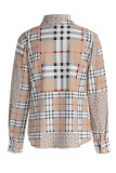 Khaki Fashion Casual Plaid Print Basic Turndown Collar Tops