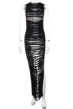 Black Sexy Solid Hollowed Out O Neck Pencil Skirt Dresses