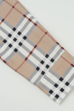 Khaki Fashion Casual Plaid Print Basic Turndown Collar Tops