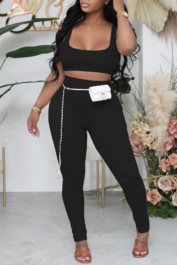 Black Sexy Solid Patchwork U Neck Sleeveless Two Pieces