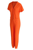 Orange Fashion Casual Solid Basic V Neck Regular Jumpsuits