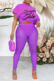 Purple Fashion Print Mesh One Shoulder Short Sleeve Two Pieces