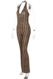Brownness Sexy Plaid Patchwork Halter Boot Cut Jumpsuits