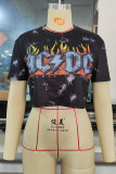Black Sexy Street Print Patchwork O Neck T-Shirts