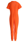 Orange Fashion Casual Solid Basic V Neck Regular Jumpsuits