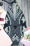 Black Vacation Print Patchwork Swimwears