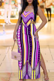 Purple Sexy Print Hollowed Out Split Joint Slit Strapless Straight Dresses