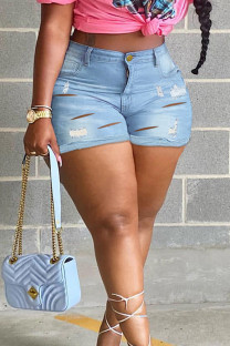 Light Blue Street Solid Hollowed Out Make Old Split Joint Plus Size Jeans