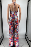 Multicolor Sexy Print Patchwork Halter Straight Jumpsuits