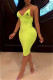 Fluorescent Yellow Fashion Sexy Print Backless V Neck One Step Skirt Dresses