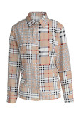 Khaki Fashion Casual Plaid Print Basic Turndown Collar Tops