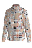 Khaki Fashion Casual Plaid Print Basic Turndown Collar Tops