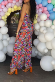 Multicolor Sexy Print Patchwork Halter Straight Jumpsuits