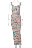 Colour Sexy Print Patchwork Spaghetti Strap Pencil Skirt Dresses