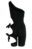 Red Fashion Sexy Solid Bandage Hollowed Out Backless One Shoulder Skinny Romper