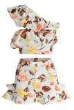 White Fashion Sexy Print Hollowed Out Patchwork Backless Oblique Collar Sleeveless Two Pieces