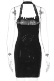 Pink Sexy Patchwork Hollowed Out Square Collar Pencil Skirt Dresses