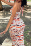Colour Sexy Print Patchwork Halter Pencil Skirt Dresses