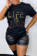 Black Fashion Street Print Patchwork Letter O Neck T-Shirts