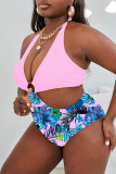 Light Pink Fashion Sexy Print Patchwork Backless Halter Plus Size Swimwear (With Paddings)