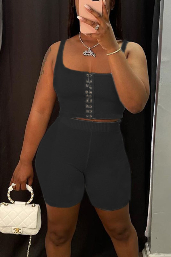 Black Casual Solid Patchwork U Neck Two Pieces