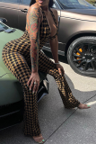 Brownness Sexy Plaid Patchwork Halter Boot Cut Jumpsuits