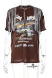 Green Fashion Print Tassel V Neck T-Shirts