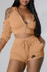 Khaki Fashion Casual Print Patchwork Hooded Collar Short Sleeve Two Pieces