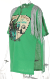 Green Fashion Print Tassel V Neck T-Shirts
