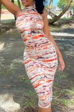 Colour Sexy Print Patchwork Halter Pencil Skirt Dresses