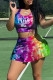 Purplish Blue Sexy Print Patchwork U Neck Sleeveless Two Pieces