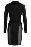 White Fashion Sexy Solid Patchwork See-through V Neck Long Sleeve Dresses