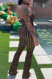 Brownness Sexy Plaid Patchwork Halter Boot Cut Jumpsuits