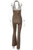 Brownness Sexy Plaid Patchwork Halter Boot Cut Jumpsuits