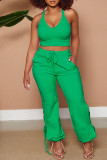 Green Casual Solid Bandage Hollowed Out Split Joint U Neck Sleeveless Two Pieces