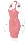 Pink Sexy Patchwork Hollowed Out Square Collar Pencil Skirt Dresses