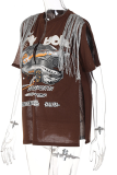 Green Fashion Print Tassel V Neck T-Shirts