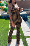 Brownness Sexy Plaid Patchwork Halter Boot Cut Jumpsuits