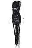Black Sexy Solid Hollowed Out O Neck Pencil Skirt Dresses