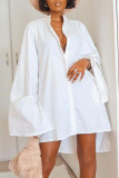 White Casual Solid Patchwork Buckle Slit Asymmetrical Mandarin Collar Shirt Dress Dresses