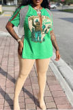 Green Fashion Print Tassel V Neck T-Shirts