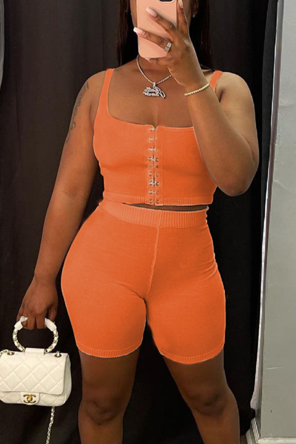 Orange Casual Solid Patchwork U Neck Two Pieces