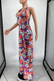 Multicolor Sexy Print Patchwork Halter Straight Jumpsuits