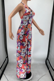 Multicolor Sexy Print Patchwork Halter Straight Jumpsuits
