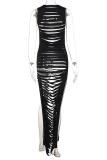 Black Sexy Solid Hollowed Out O Neck Pencil Skirt Dresses