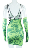 Green Sexy Print Patchwork Spaghetti Strap Pencil Skirt Dresses
