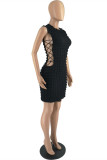 Green Sexy Casual Solid Bandage Hollowed Out O Neck Sleeveless Dress